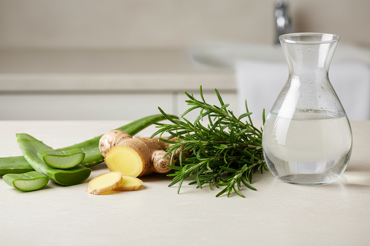 make an image of the ingredients for my product with are aloe extract, ginger extract, rosemery leaf extract, and water